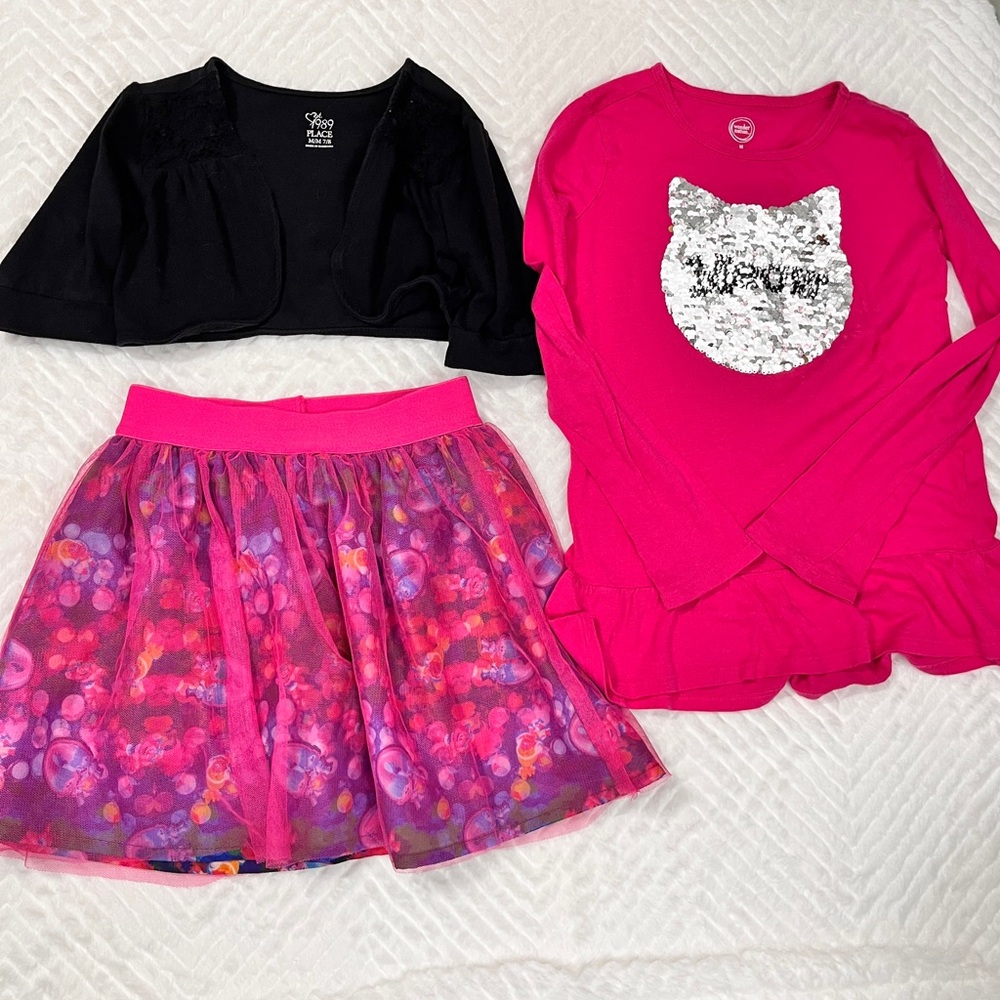 Trolls Pink Black Skirt, Cat Sequin Shirt, black bolero shrug  size medium‎